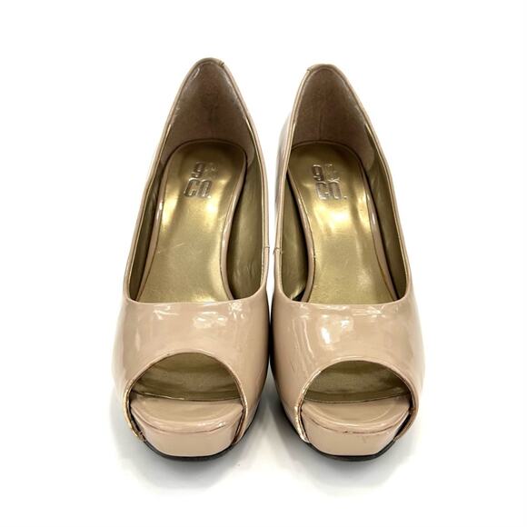 9 & CO Stiletto Pumps Size 7.5 Tan Faux Patent Leather Hidden Platform Peep-Toe - Picture 3 of 15
